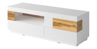 Meuble TV 160cm collection KILES. Coloris blanc et chêne. Style design. LED intégrée