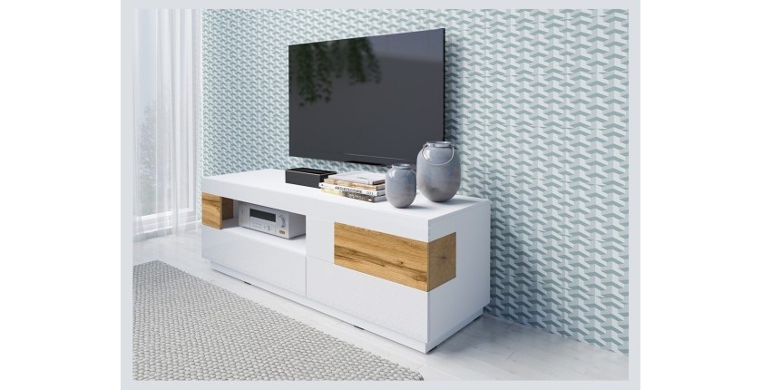 Meuble TV 160cm collection KILES. Coloris blanc et chêne. Style design. LED intégrée