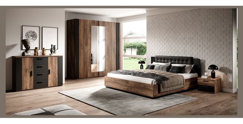Chambre à coucher complète FOX: Armoire 200cm, Lit 180x200, commode, chevets. Couleur chêne foncé et noir