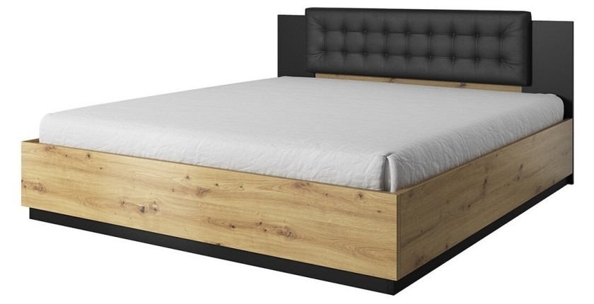 Chambre à coucher complète FOX : Armoire 200cm, Lit 180x200, commode, chevets. Couleur chêne clair et noir.