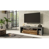 Meuble TV 150cm collection BELMONT. Coloris chêne foncé et gris foncé.