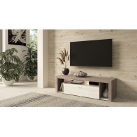 Meuble TV 150cm collection BELMONT. Coloris chêne et blanc crème effet bois.