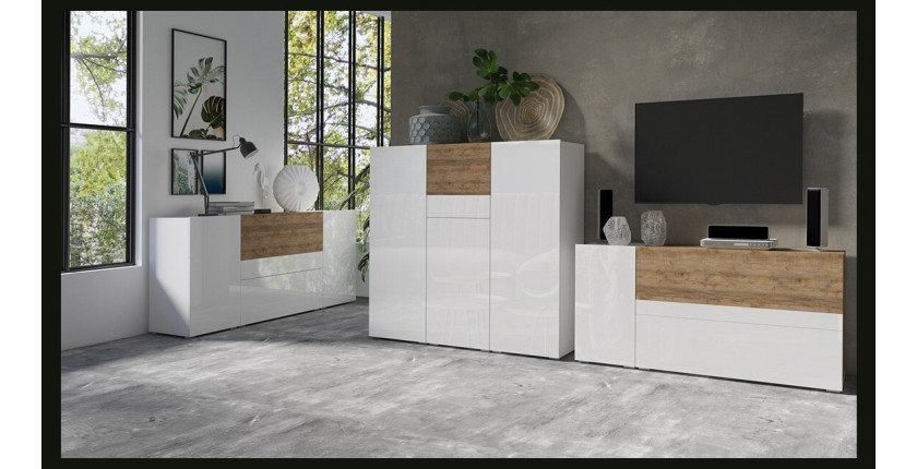 Ensemble de 3 meubles de salon collection RIGA. Coloris blanc et chêne