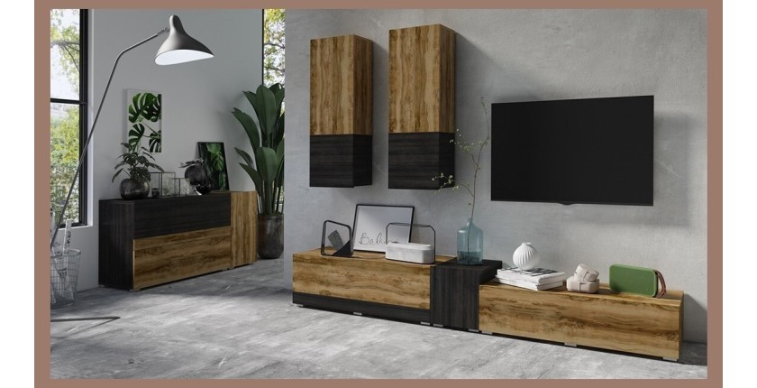 Ensemble meuble TV et buffet 135cm collection RIGA. Coloris chêne et gris foncé effet bois