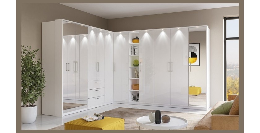 Armoire 2 portes et 3 tiroirs pour dressing collection MODULO coloris blanc avec LED et pack 3 étagères inclus.