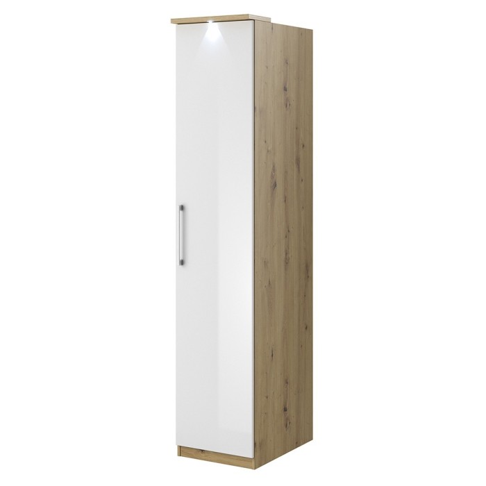 Armoire 1 porte pour dressing collection MODULO coloris chêne et blanc brillant avec LED incluses.