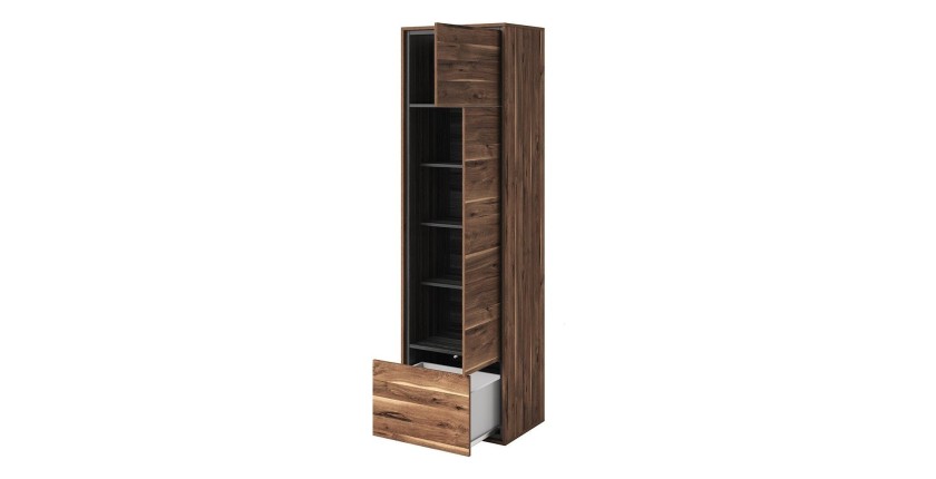 Vitrine haute design, 1 porte, 1 tiroir et 4 niches apparentes collection SILVA. Coloris chêne et gris.