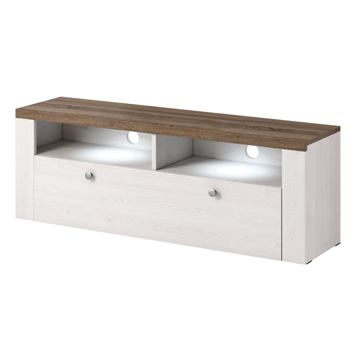 Meuble TV 140cm collection SANTIAGO. Couleur blanc effet bois et chêne. 1 Porte