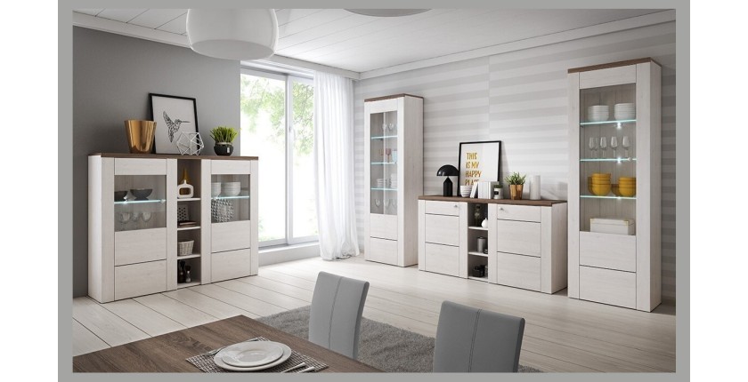 Ensemble de 4 meubles de salon collection SANTIAGO. Coloris blanc effet bois et chêne.