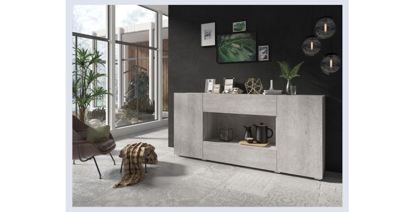 Buffet XL design 180cm pour salon couleur gris aspect béton collection PAROS.