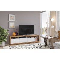 Meuble TV XL 200cm collection CLARA. Couleur chêne et blanc brillant.
