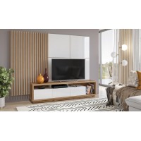 Meuble TV XL avec fond mural décoratif XL collection CLARA. Couleur chêne et blanc brillant.