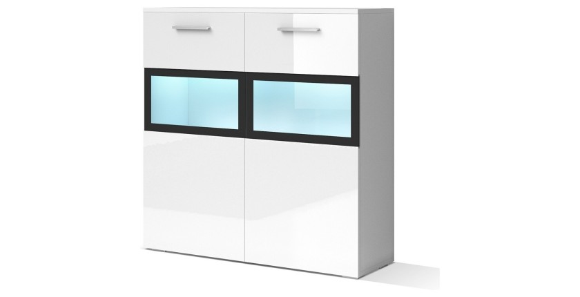 Buffet 90cm pour salon avec 2 portes vitrées et LED intégrées couleur blanc brillant collection CONNOR.