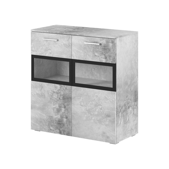 Buffet 90cm pour salon avec 2 portes vitrées et LED intégrées couleur gris effet béton collection CONNOR.