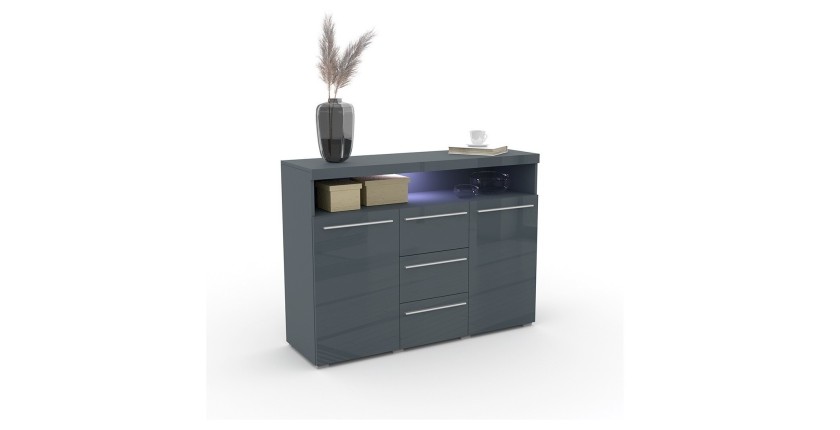 Buffet 130cm pour salon couleur gris brillant avec éclairage LED multicolore intégré collection BOMBAY.