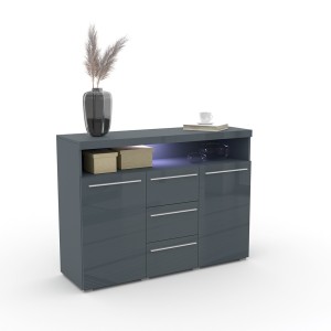 Buffet 130cm pour salon couleur gris brillant avec éclairage LED multicolore intégré collection BOMBAY.