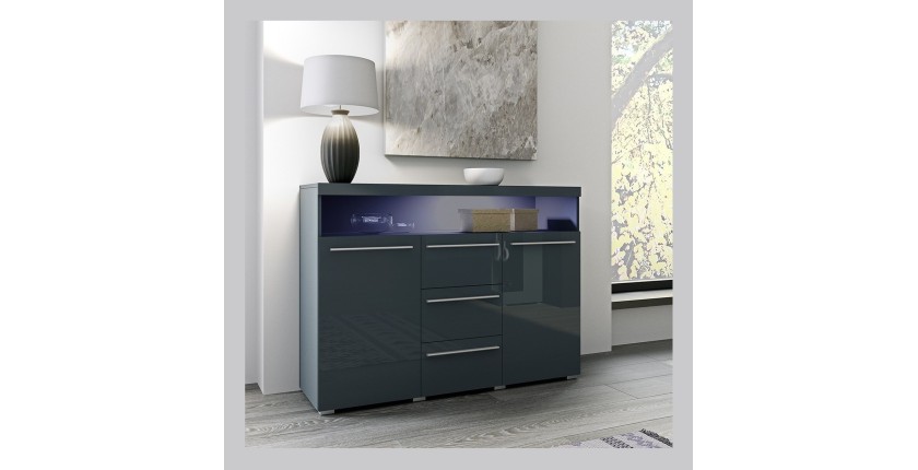 Buffet 130cm pour salon couleur gris brillant avec éclairage LED multicolore intégré collection BOMBAY.