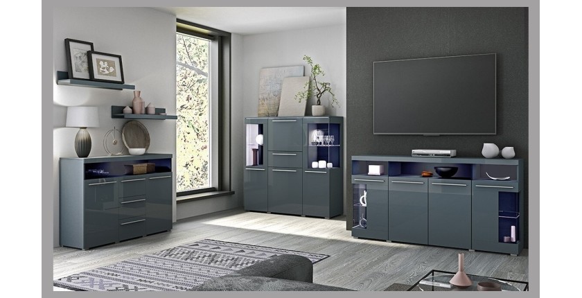 Buffet 130cm pour salon couleur gris brillant avec éclairage LED multicolore intégré collection BOMBAY.