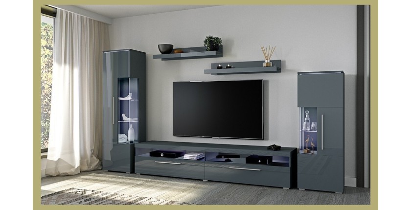 Meuble TV XL 200cm collection BOMBAY. Couleur gris brillant. Éclairage LED multicolore.