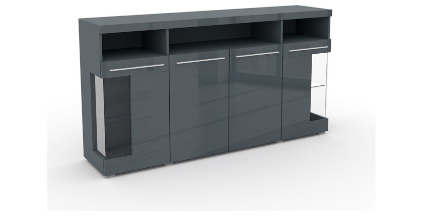 Buffet XL 180cm avec 4 portes couleur gris brillant avec éclairage LED multicolore intégré collection BOMBAY.