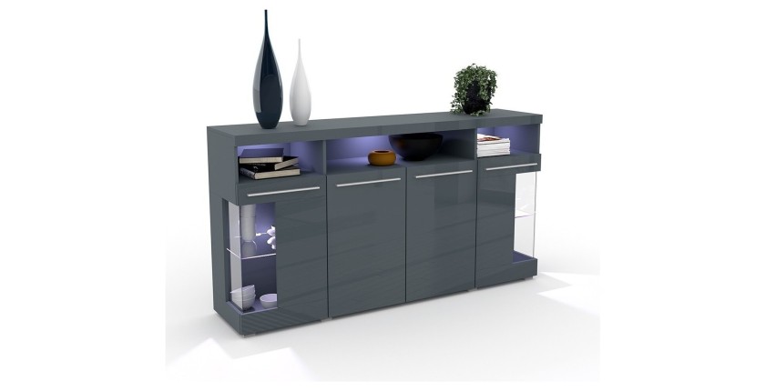 Buffet XL 180cm avec 4 portes couleur gris brillant avec éclairage LED multicolore intégré collection BOMBAY.