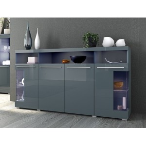 Buffet XL 180cm avec 4 portes couleur gris brillant avec éclairage LED multicolore intégré collection BOMBAY.