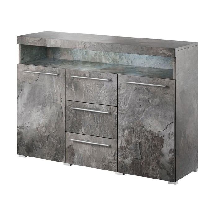 Buffet 130cm pour salon couleur gris effet ardoise avec éclairage LED multicolore intégré collection BOMBAY.