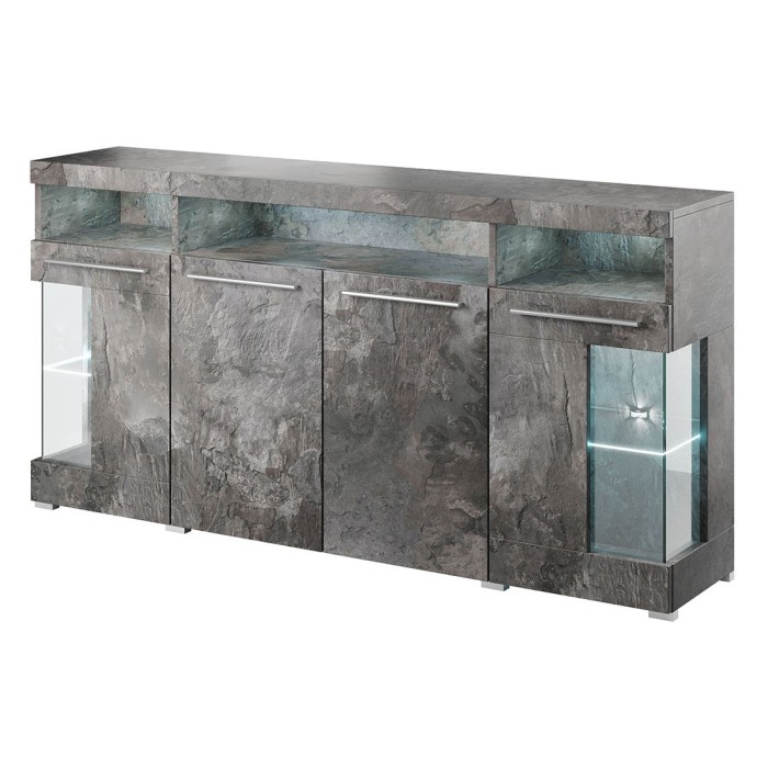 Buffet XL 180cm avec 4 portes couleur gris effet ardoise avec éclairage LED multicolore intégré collection BOMBAY.