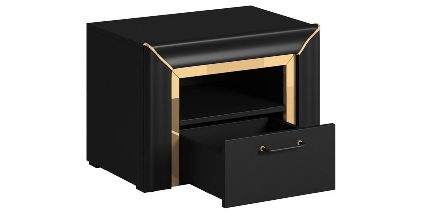 Table de chevet collection DOHA. 1 tiroir et 1 niche. Coloris noir mat et doré.
