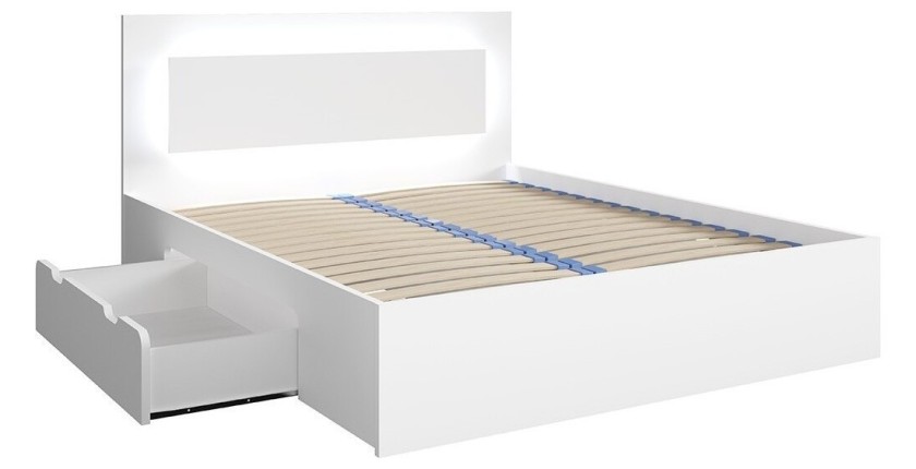 Lit NOFI blanc 140x200 cm avec tiroirs, idéal pour chambre à coucher. Meuble design