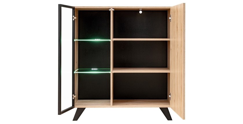 Vitrine basse design 2 portes avec éclairage LED intégré collection NIELSEN. Coloris chêne clair et noir.