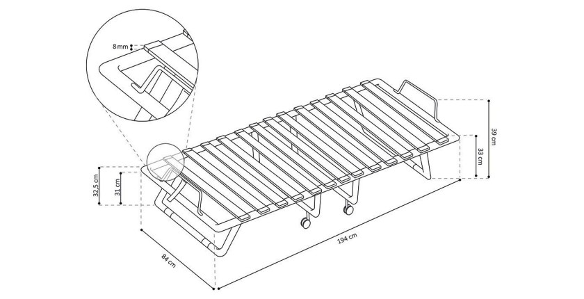 Lit pliant à roulettes en métal 80x190cm NAZARE, sommier et matelas inclus