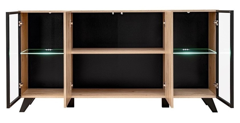 Buffet design 160cm coloris chêne et noir avec éclairage LED intégré collection NIELSEN.