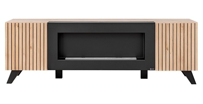 Ensemble de 4 meubles de salon avec cheminée décorative collection NIELSEN. Coloris chêne et noir.