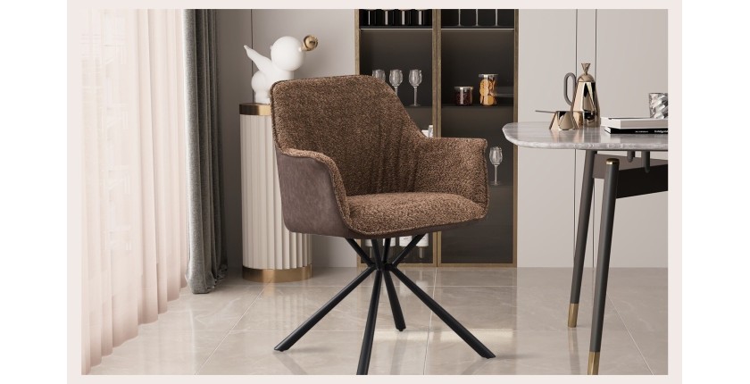 Chaise 'LUCIA' Bouclé Sable Dos PU Brun, dimension H82.5 x L62 x P63, idéal pour votre cuisine ou salle à manger