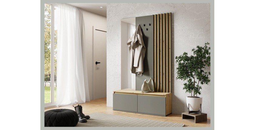 Meuble d'entrée design avec rangements, porte manteau et miroir intégré collection NEMO coloris gris et chêne