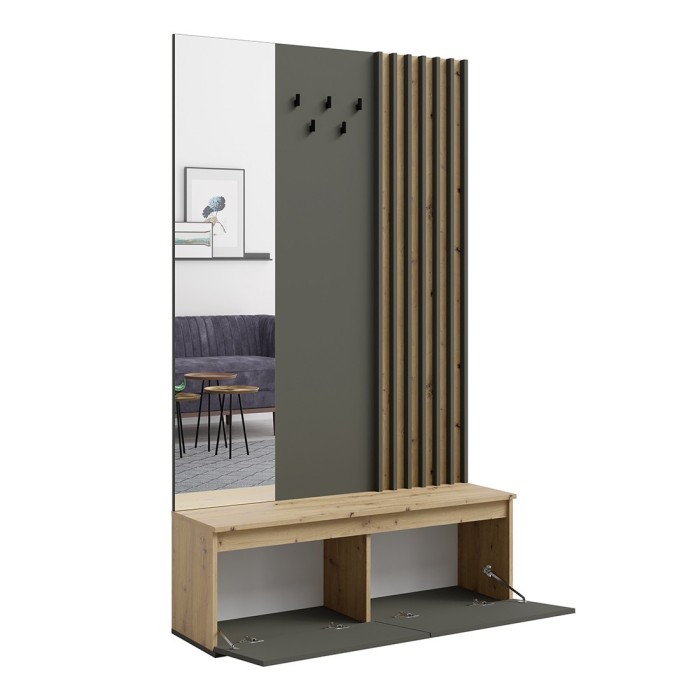 Meuble d'entrée design avec rangements, porte manteau et miroir intégré collection NEMO coloris gris et chêne