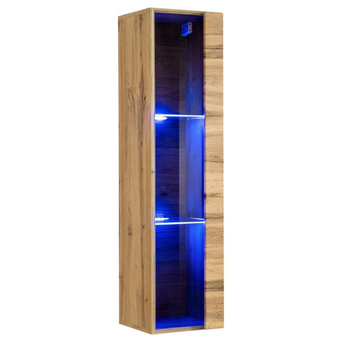 Vitrine suspendue coloris chêne petit modèle avec 1 porte vitrée et éclairage LED inclus. Collection SWITCH.