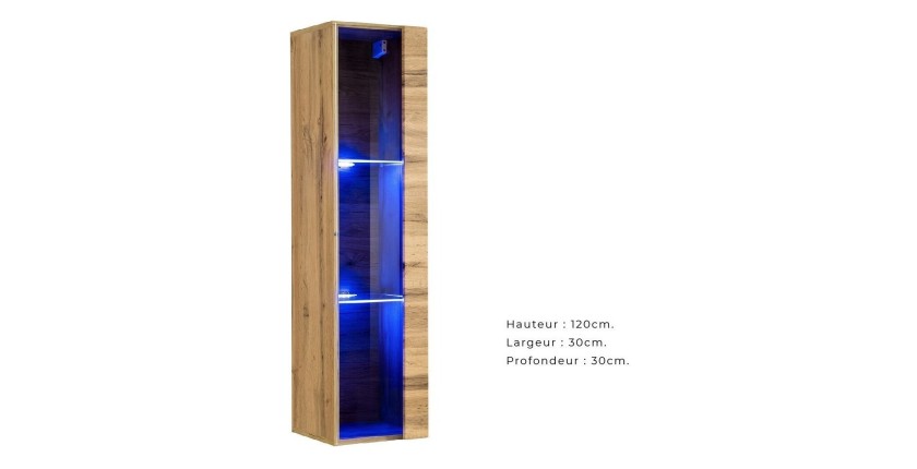 Vitrine suspendue coloris chêne petit modèle avec 1 porte vitrée et éclairage LED inclus. Collection SWITCH.