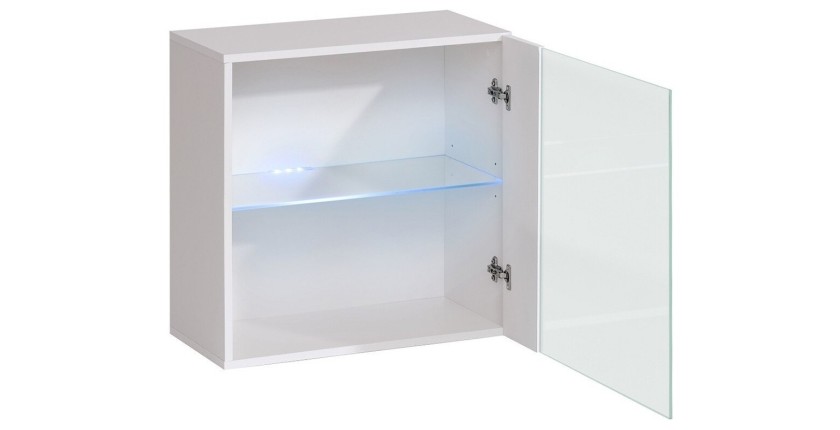 Vitrine blanche carrée suspendue avec 1 porte vitrée et éclairage LED inclus. Collection SWITCH.