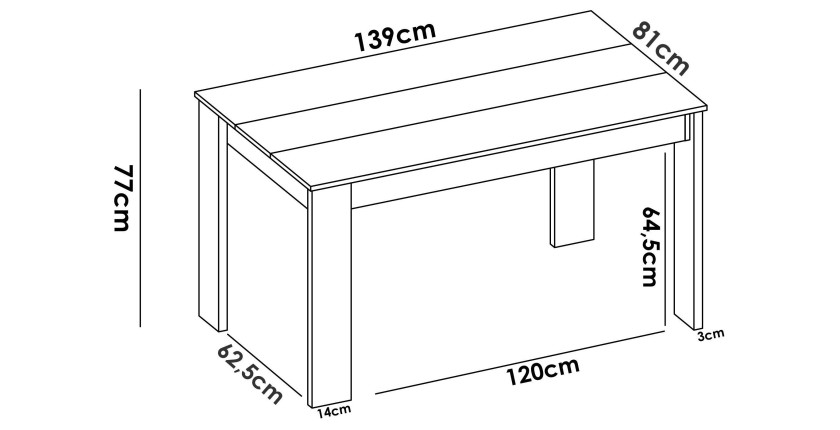 Table de salle à manger rectangulaire, collection AMSI, coloris chêne clair, 139x81