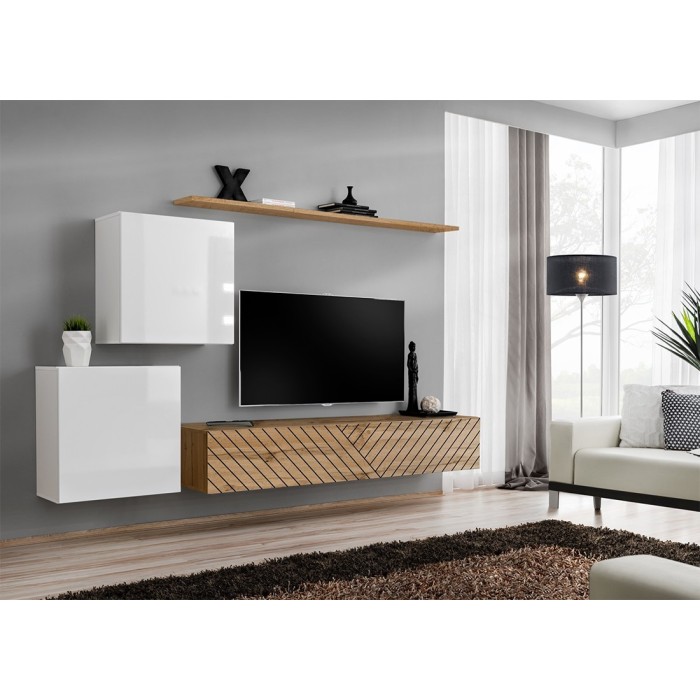 Ensemble de meubles design de salon SWITCH V, coloris blanc et chêne. Finitions blanc brillant et chêne fraisé.