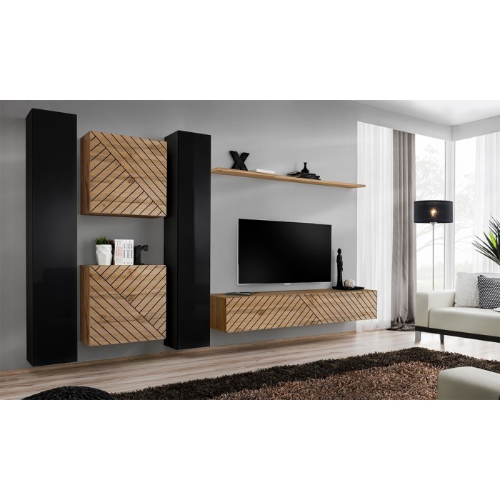Ensemble de meubles design de salon SWITCH VI. Coloris noir et chêne finition noires brillantes et chêne effet fraisé.