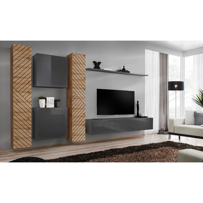 Ensemble de meubles design de salon SWITCH VI. Coloris chêne et gris finition chêne effet fraisé et gris brillant.