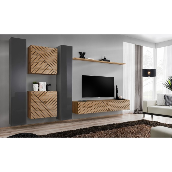 Ensemble de meubles design de salon SWITCH VI. Coloris gris et chêne finition gris brillant et chêne effet fraisé.