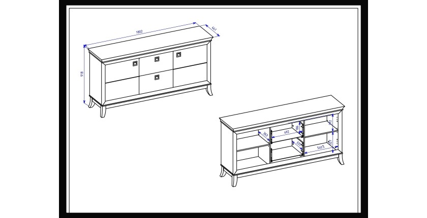 Buffet chic 180cm pour salon coloris blanc et chêne foncé collection PALACE.