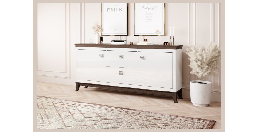 Buffet chic 180cm pour salon coloris blanc et chêne foncé collection PALACE.