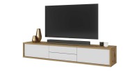 Meuble TV 180cm, 2 tiroirs et 2 portes collection MAANUM. Couleur chêne clair et blanc.