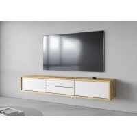 Meuble TV 180cm, 2 tiroirs et 2 portes collection MAANUM. Couleur chêne clair et blanc.