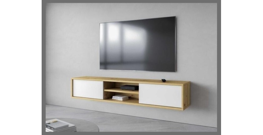 Meuble TV 180cm, 2 portes et 2 niches collection MAANUM. Couleur chêne clair et blanc.